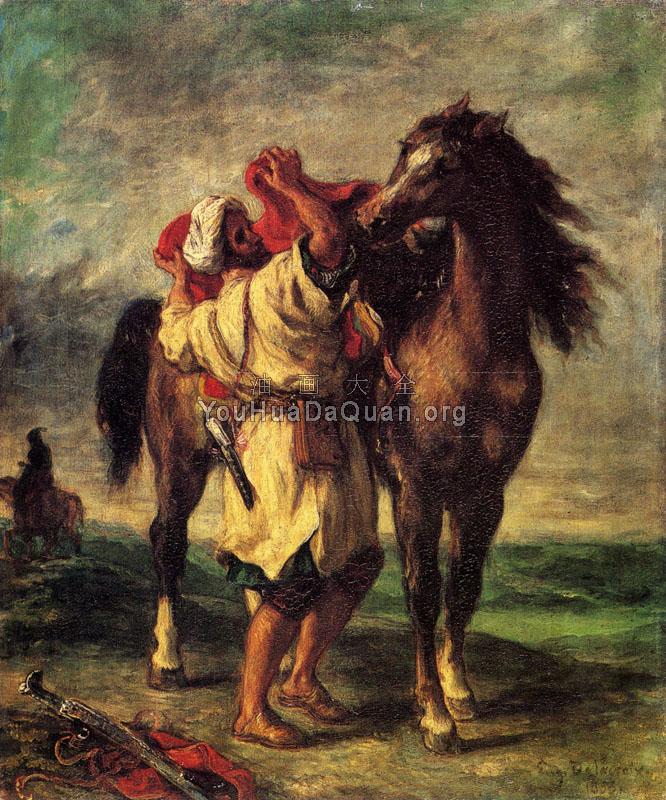 A Moroccan Saddling A Horse - 欧仁·德拉克洛瓦